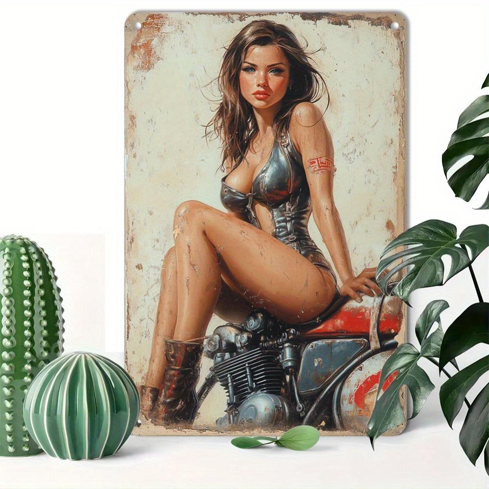 Металлическая табличка Hisun HD Металлическая жестяная табличка Винтажная Pin-Up Девушка на Мотоцикле Ретро Металлический Постер Байкерская Тематика Настенное Искусство Декор для Гаража Бара Мужской Уголок Wa