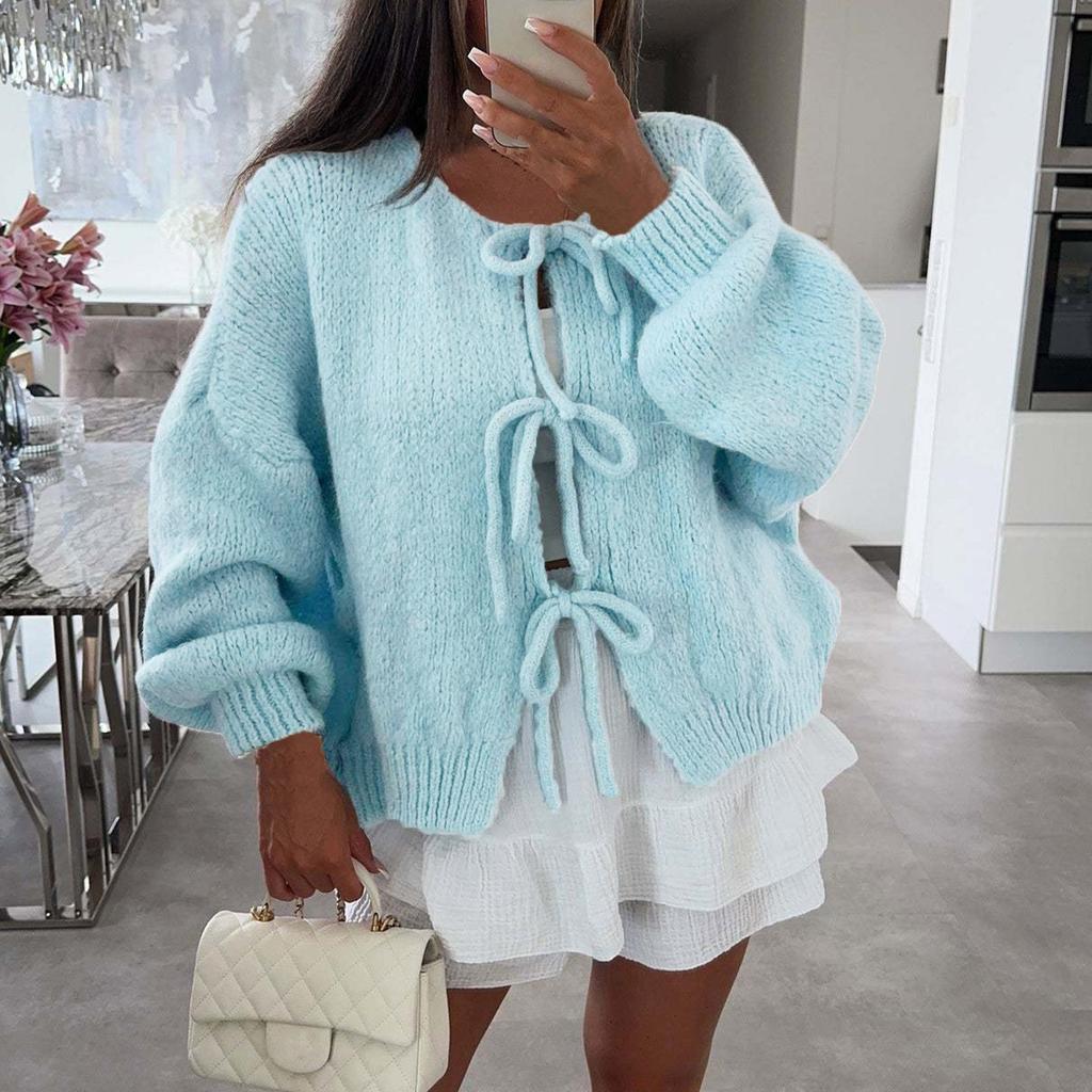 Women‘s Round Neck Long Sleeve Lace-Up Fitted Cardigan Coat