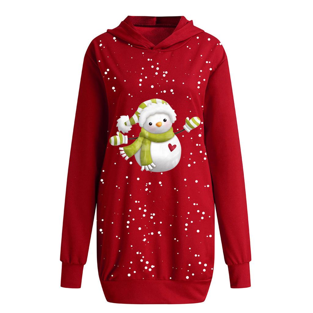 Women's Fashion Christmas Snowman Hoodie Bag Hip Pocket Print Hoodie Dress