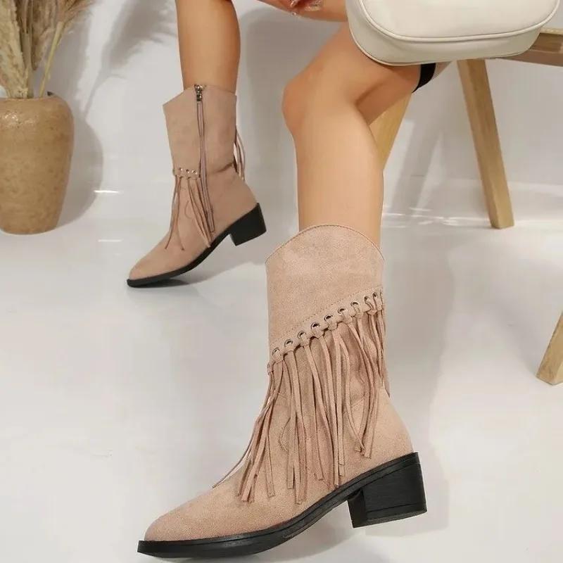 Модные женские туфли в стиле бохо, женские ботинки с кисточками, классические ботинки в стиле вестерн с острым носком, удобные ботинки на квадратном каблуке с застежкой-молнией