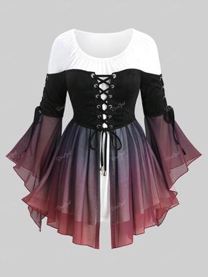 Rosegal Plus Size Lace Up Ombre Mesh Ruched Асимметричный топ с расклешенными рукавами