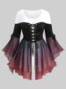 Rosegal Plus Size Lace Up Ombre Mesh Ruched Asymmetrical Flare Sleeve Top