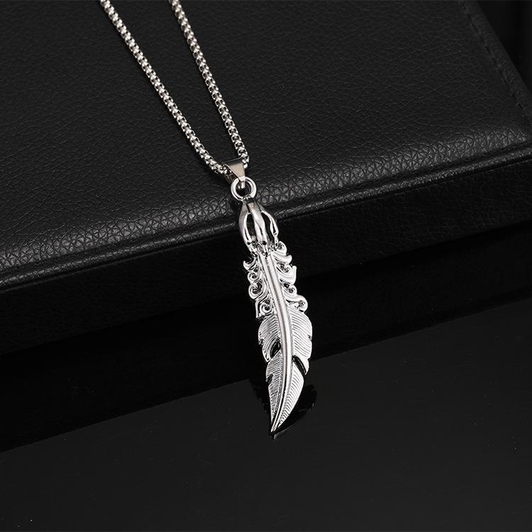 2025 Retro Feather Pendant Necklace - Personalized, Trendy European & American Style, Simple Long Stainless Steel Jewelry