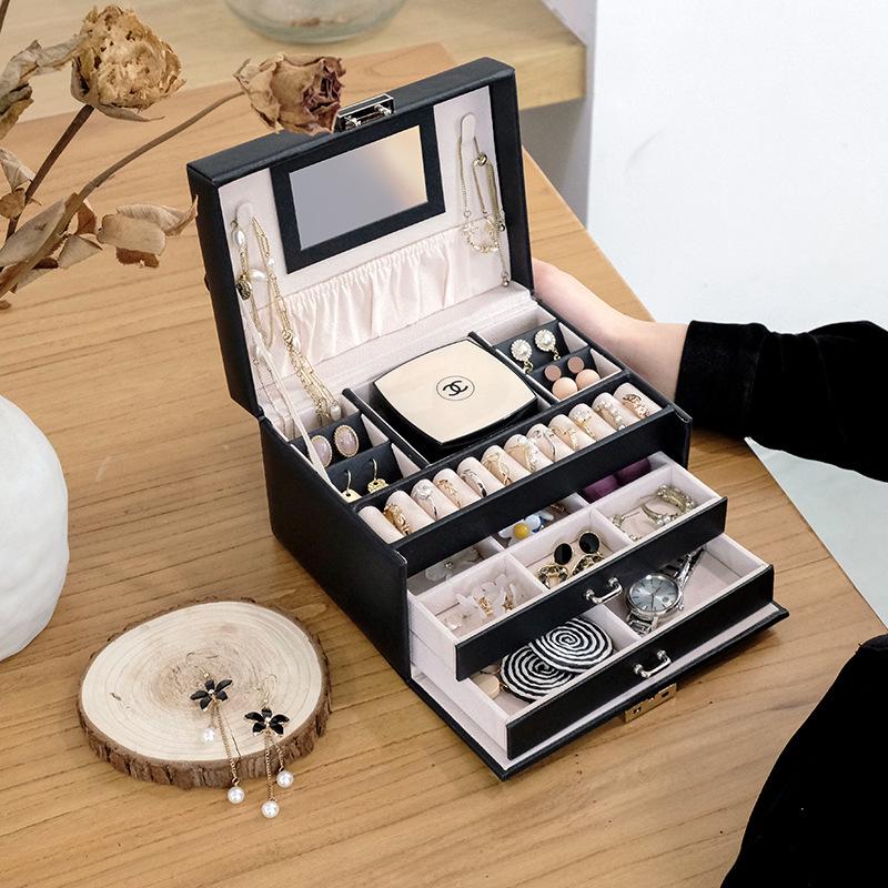 Трехслойная роскошная кожаная шкатулка для украшений с большой вместимостью для хранения ожерелий и сережек