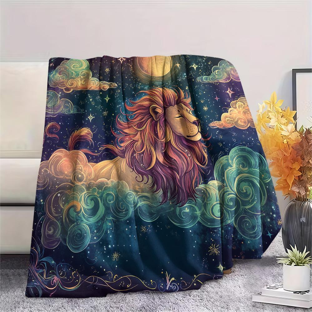 Starry Sky Lion Print Flannel Blanket, High quality Comfortable for All Seasons, Home Decor, Warmth and Comfort