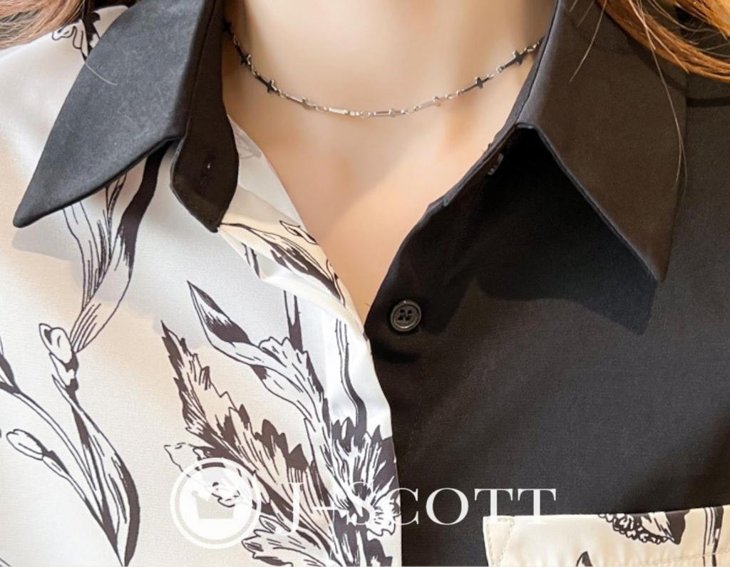 J-Scott Monochrome Print Shirt, Botanical, Two-Tone Design, Hidden Button-Down, Wide Collar, Chest Pocket, Black (JS73-BK-L) - Limited Stock