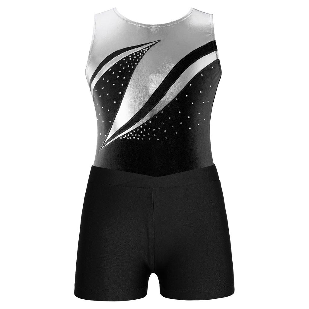 Girls Patchwork Leotard Sleeveless Round Neck Rhinestone Decorated with V Front Waistband Shorts Skating Dance Outfit