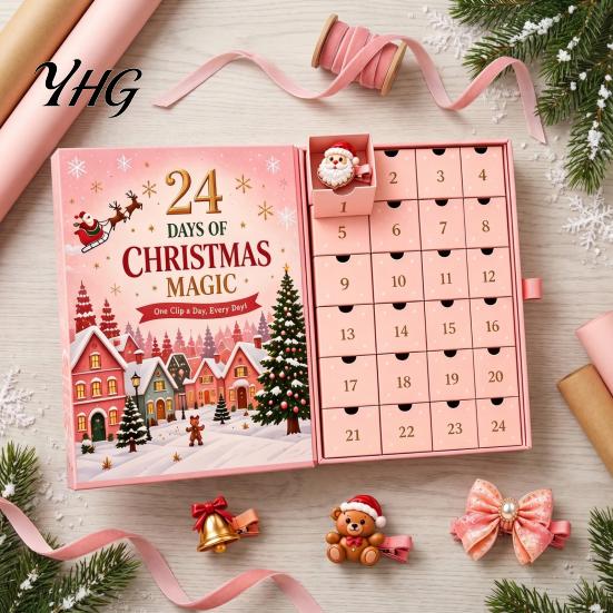 Hair Clips for Holiday Outfits 24-Day Christmas Clip Advent Calendar, Girls Countdown Box with Gift Daughter 24 Cute Hairpins, Party Gift, DIY