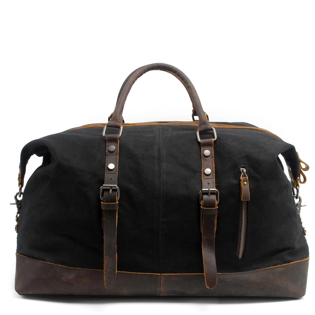 Large-capacity Men's Travel Handbag, European and American Waterproof Waxed Canvas Crossbody Luggage Bag with Crazy Horse Leathe