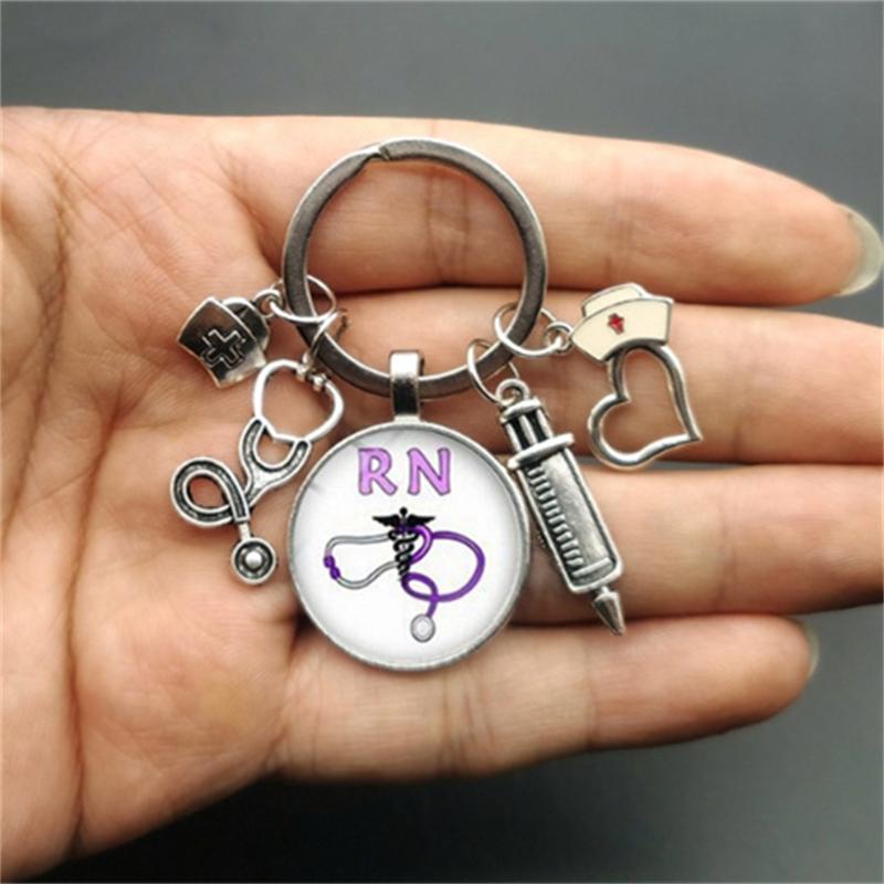 1Pc Nurse Medical Syringe Keychain Glass Key Ring Pendant Stethoscope Pattern Keychain Gift