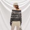 unifree Fair Isle Off-Shoulder Lapel Knit Sweater