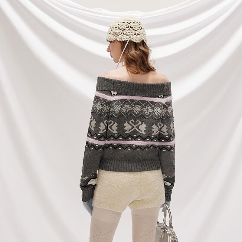 unifree Fair Isle Off-Shoulder Lapel Knit Sweater