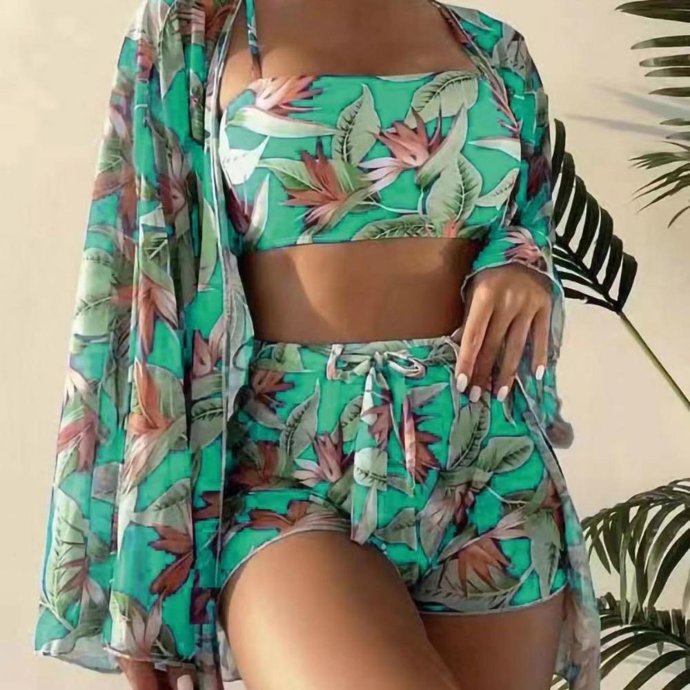 Европейский и американский купальник женский раздельный четырехсекционный с высокой талией и длинными рукавами боксеры бикини