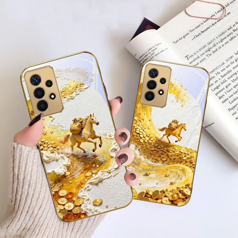 Золотая скачущая лошадь Для Samsung A 01 52S A04 A05S A10 A12 A13 22 23 24 36 42 M02 Note 10 20Ultra 8 9 Золотой стеклянный чехол для телефона