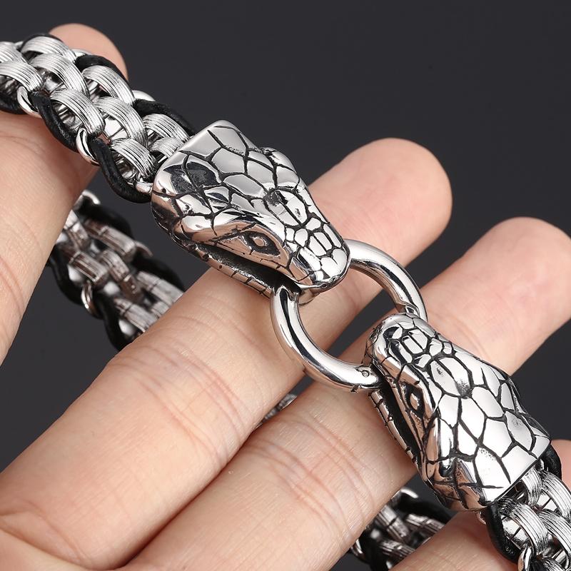 Готический однотонный браслет из нержавеющей стали со змеиной головой для мужчин, байкерский мужской браслет, плетеный кожаный ремешок на запястье со змеиной головой