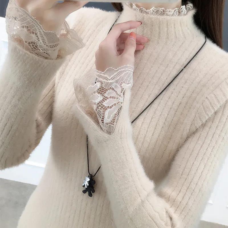 Свитер с воротником из искусственного норкового флиса, женский модный кружевной лоскутный пуловер, эластичная узкая вязаная нижняя рубашка