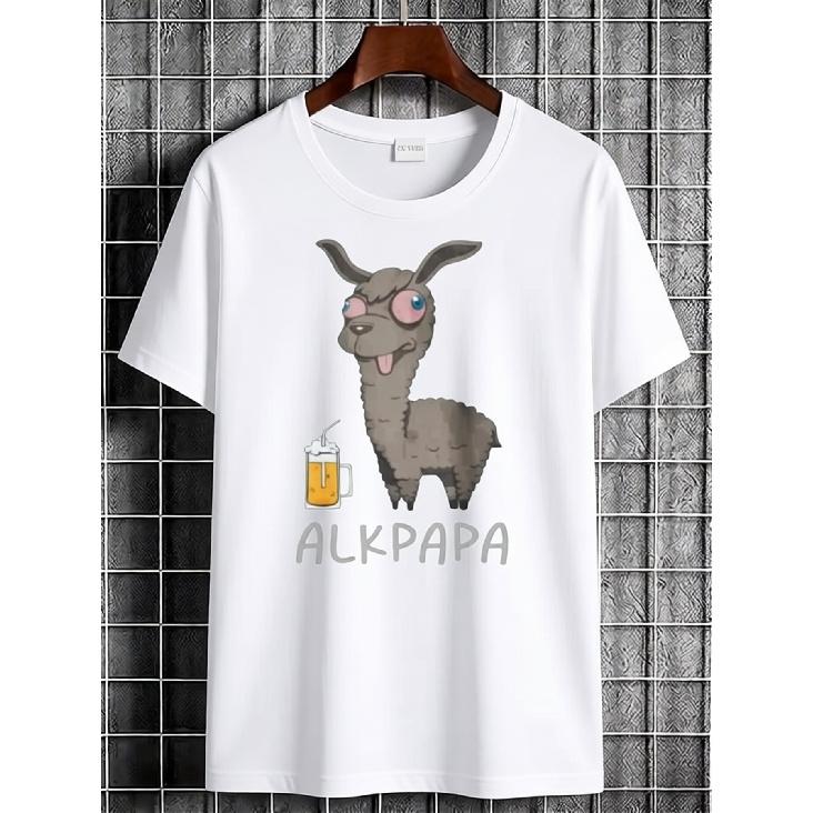 Casual Black T-Shirt Featuring a Graphic of an Alpaca Enjoying a Beer Along with The Word 'Alpaca'