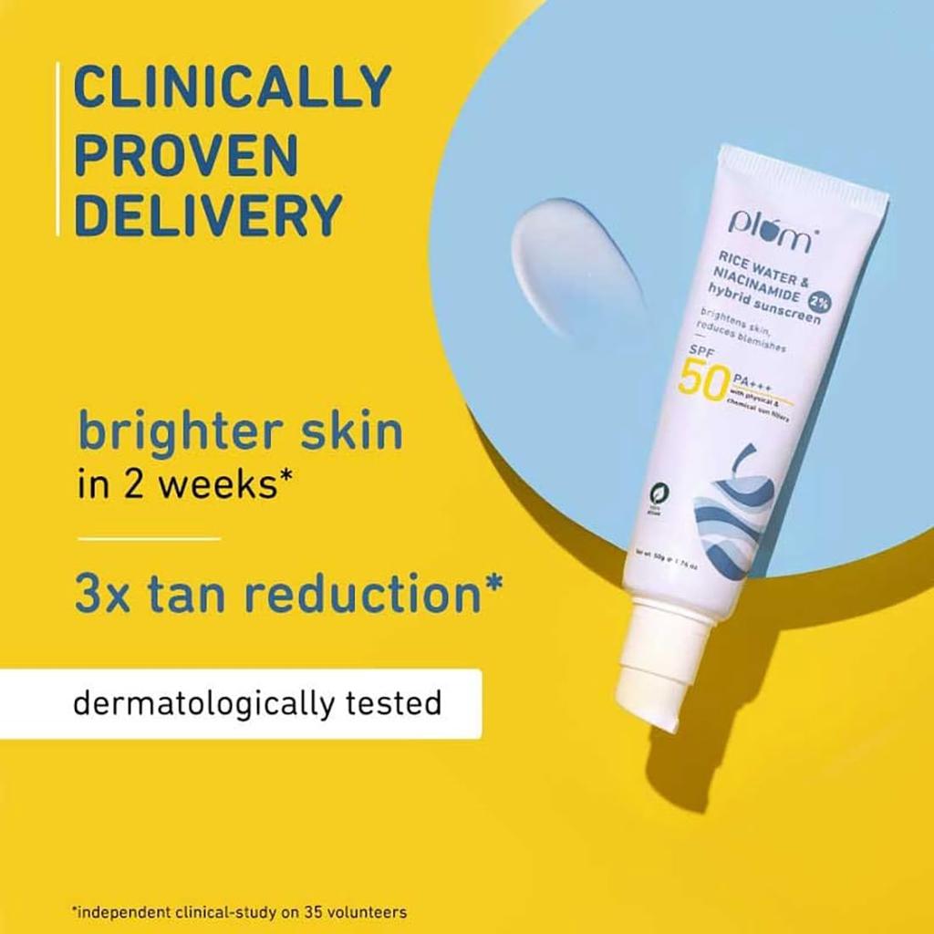 Plum 2% ниацинамидный солнцезащитный крем SPF 50 PA+++ с рисовой водой | Защита от UVA/UVB | Прошел дерматологические испытания |50 г