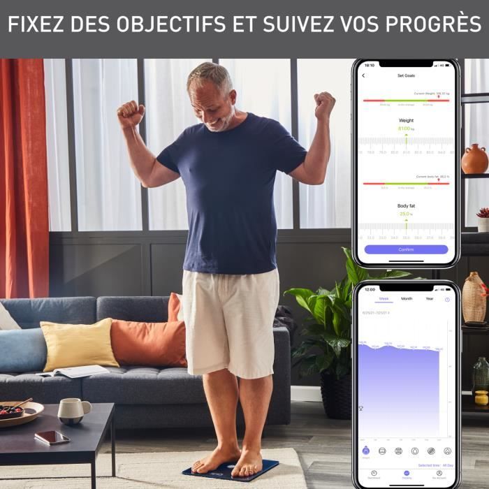 TEFAL Balance connectée, 14 indicateurs corporels, Application connectée, Capacité 180 kg, Plateau en verre 32x32 cm BM9670S1