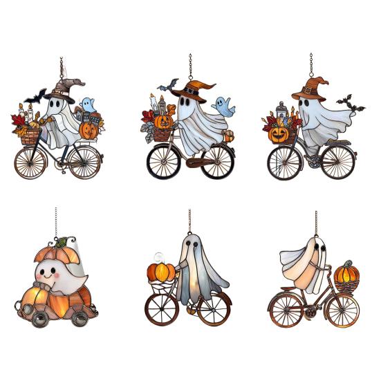 Halloween Pendant Witch Ghost Ride Shape Pendant Image Stained Glass Window Hanging Ornament Festivals Halloween Decoration