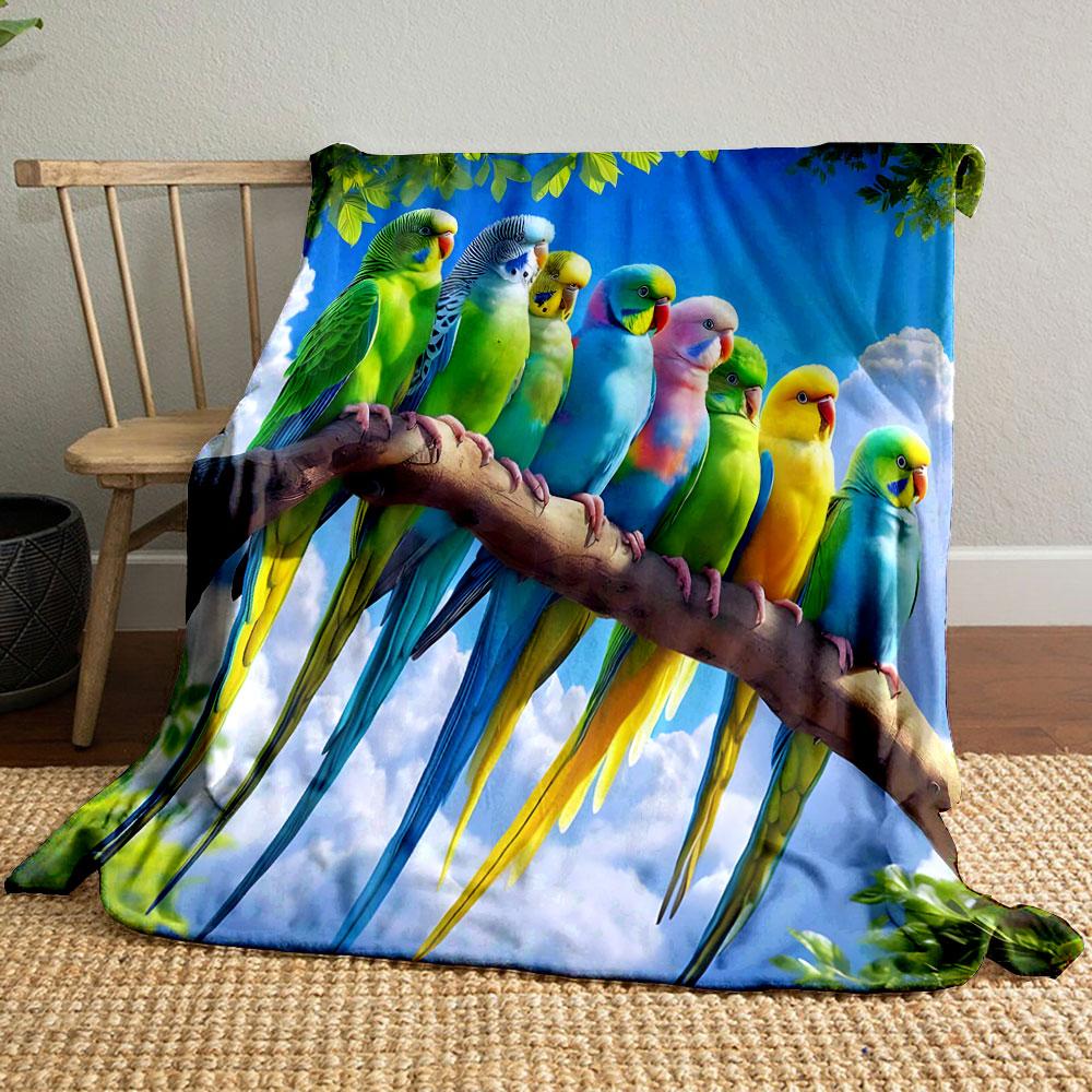 Colorful Parakeets on Branch Patterned blanket, flannel, suitable for all seasons, home decor, warm and cozy
