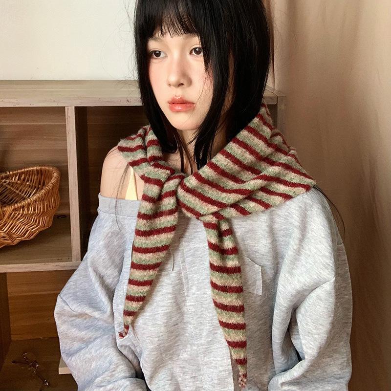 British Wool Triangle Scarf Knitted Stripe Print Triangular Scarf Women Headscarf Multifunctional Warm Knitted Neckerchief Scarf