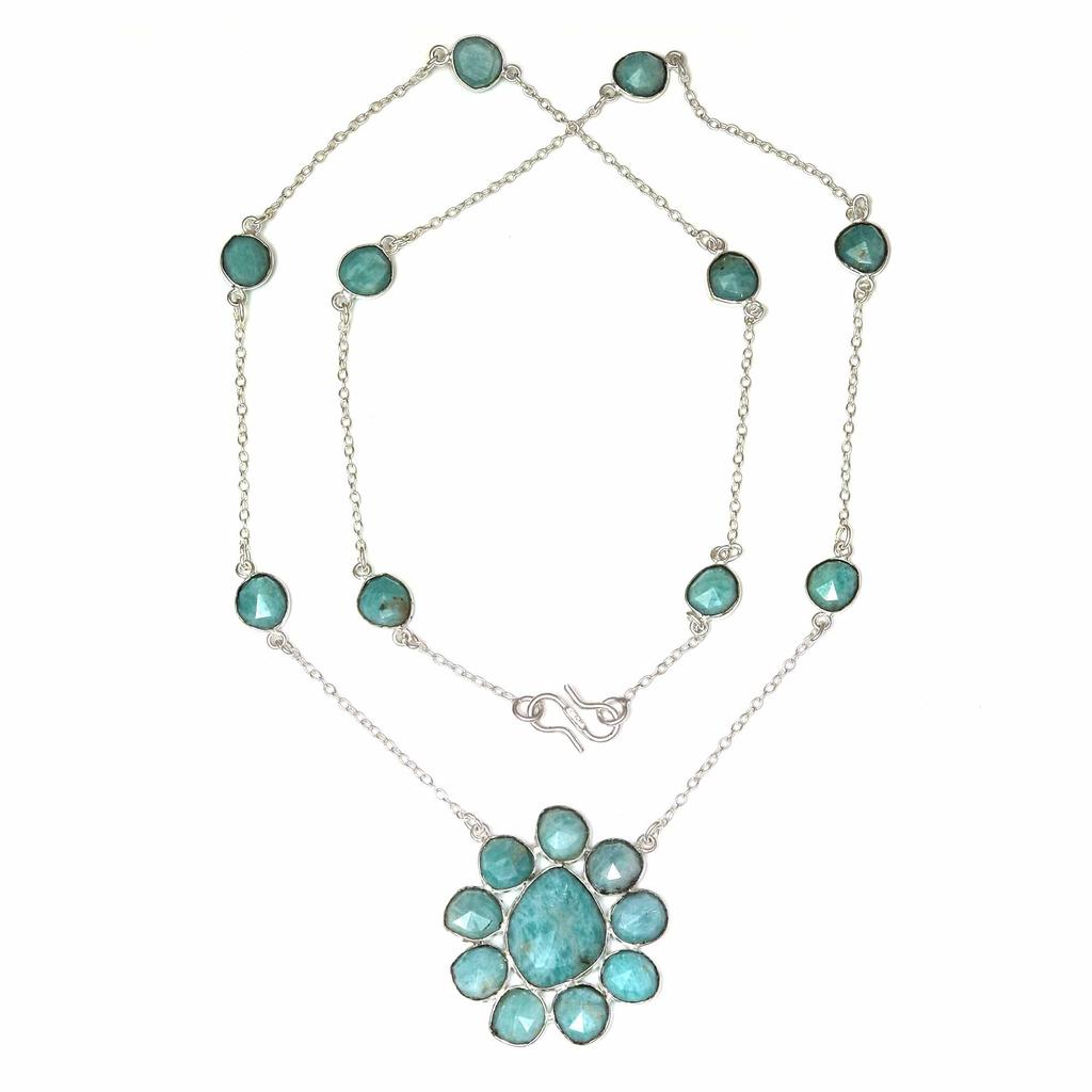Necklace Amazonite Feceted Gemstone Handmade Antique Silver Jewelry 26''