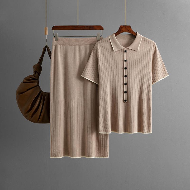 Женский новый летний костюм из двух частей с воротником-поло и трикотажной юбкой