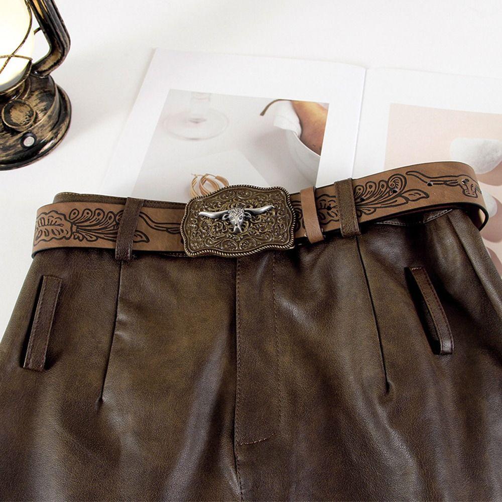 Cow Head Buckle Western Cowboy Belt Carved Embossed Belt Fashion PU Leather Belt For Man Women