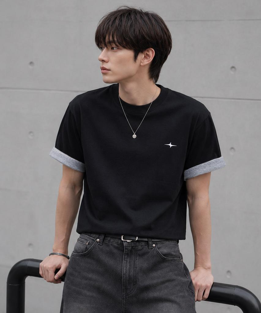 GHOST REPUBLIC Crop Stripe Color Block Roll-Up Short Sleeve T-Shirt Gt-392_Black