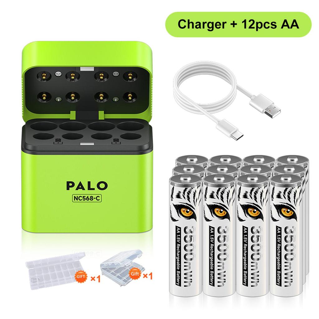 PALO 1,5 В AA 3500 мВтч Аккумулятор AAA 1300 мВтч Литий-ионные аккумуляторы с 8-слотовым быстрым интеллектуальным зарядным устройством