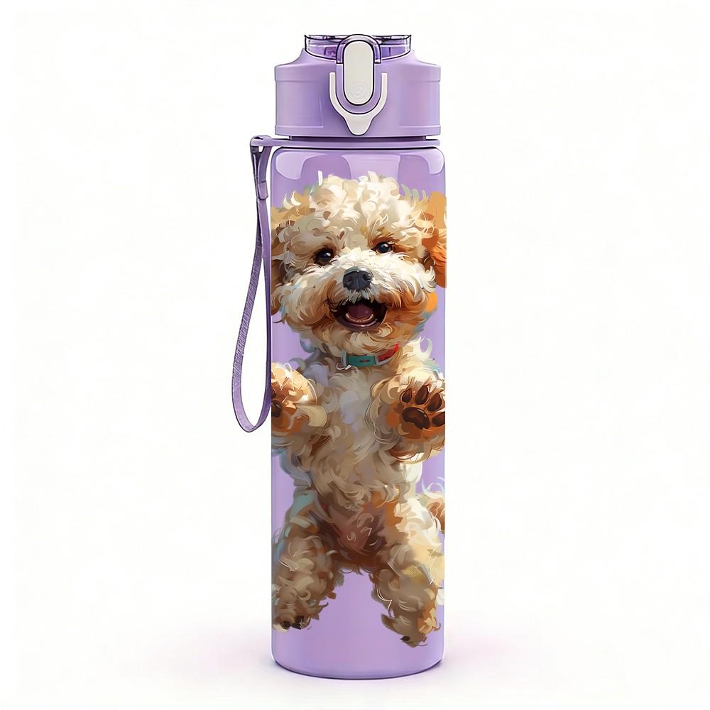 1PC Fluffy Puppy Dog Cute Pet Print 750ml Color Plastic Sports Water Bottle Leakproof Flip Straw Lid Suitable for Sports Office Home Use
