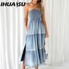 Summer Ladies Elegant Hemline Patchwork Side Slit Top Cake Jean Dress