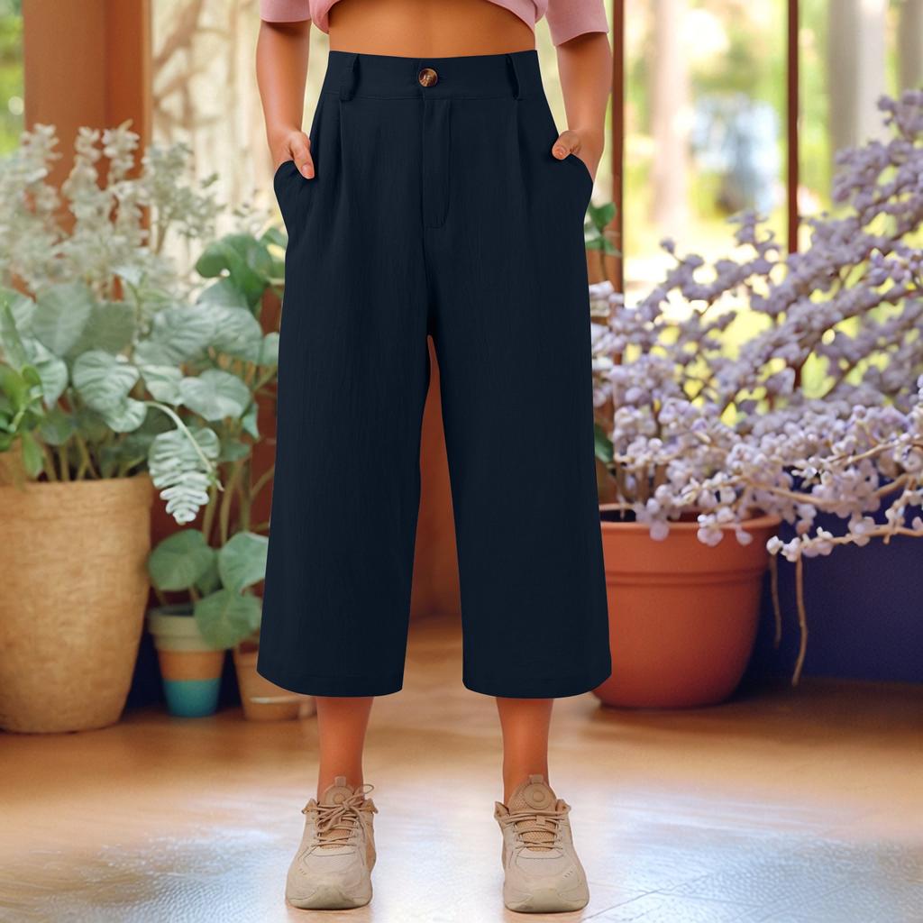 Capris Pants For Women Cotton Linen Casual Summer Straight Wide Leg Loose Drawstring Elastic Waist Cropped Trouser