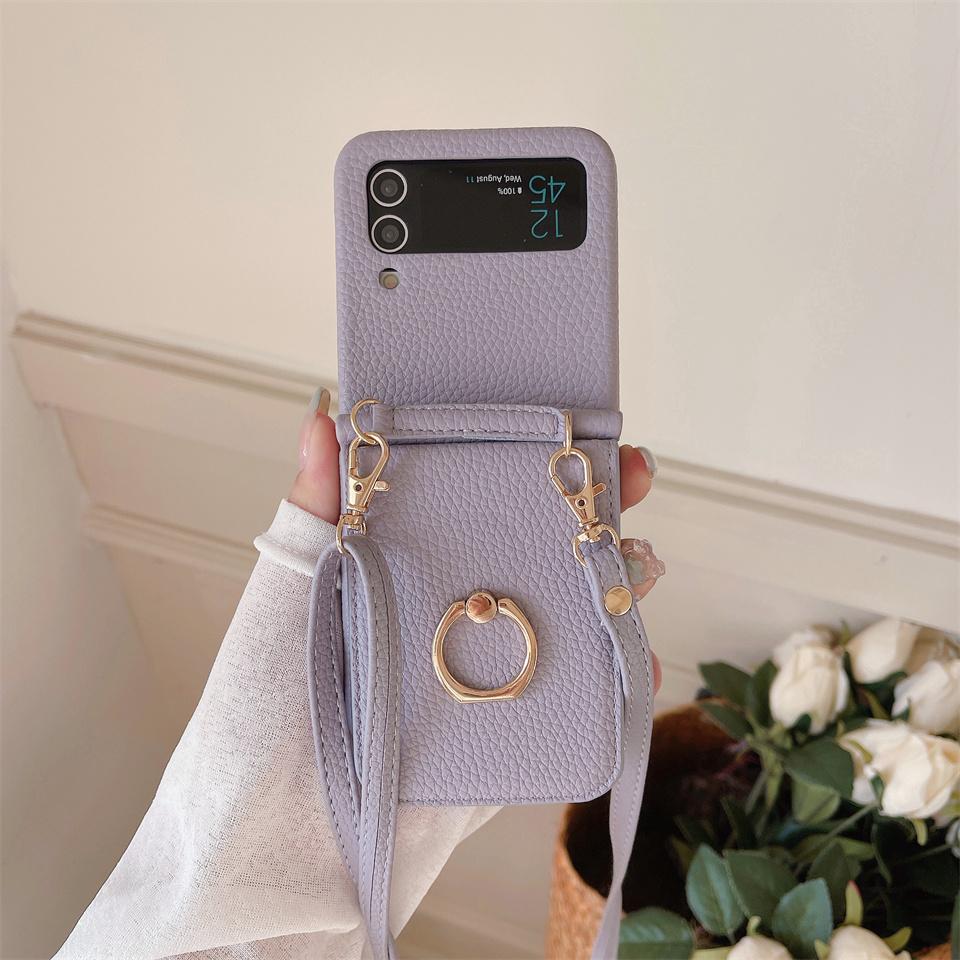 Кожаный чехол для телефона с ремешком через плечо для Samsung Galaxy Z Flip 5 4 3 Flip5 Flip4 Flip3 5G/iphone 15 14 13 12 11 Pro Ring Beauty Mirror