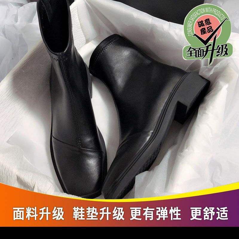 2025 осень и зима новые ботинки на плоской подошве с квадратным носком на толстом каблуке эластичные ботинки простые и универсальные модные французские тонкие короткие ботинки женские