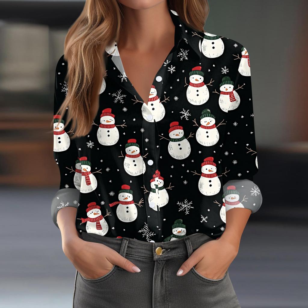 Women's Shirt Blouse Christmas Print Button Long Sleeve Casual Basic Shirt Collar Regular Top