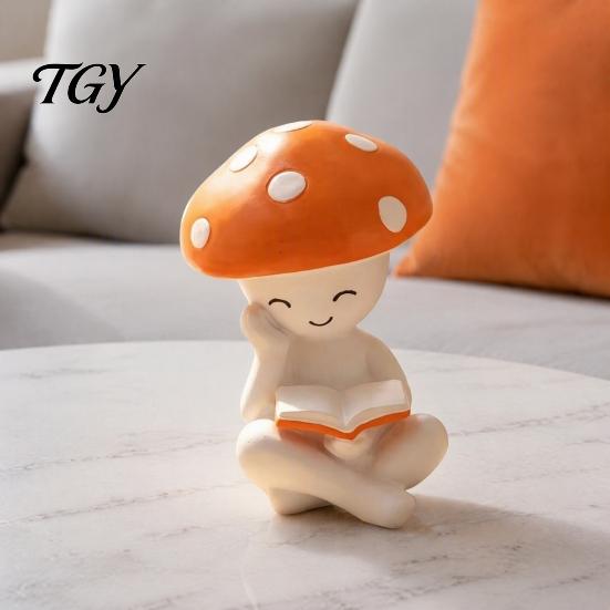 Whimsical Room Accessories Meditation Mushroom Resin Figurine, Cute Red Statue for Desk Office Soft Aesthetic Bedroom Decor Living Tabletop