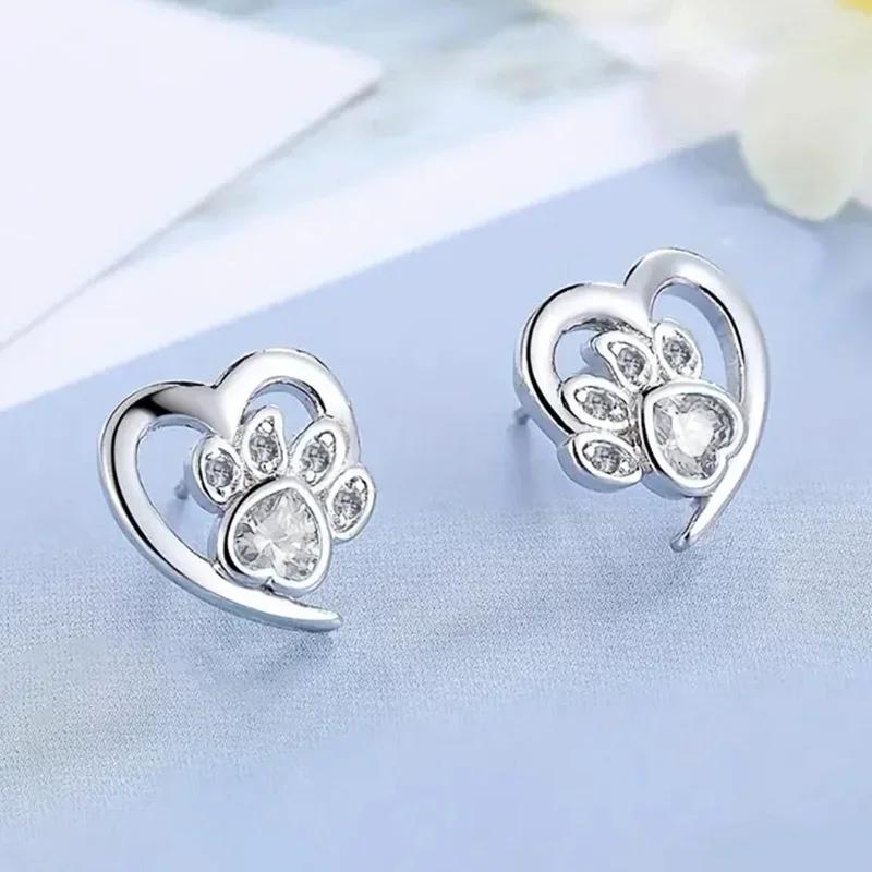 Sweet Shiny White CZ Heart Pierced Earrings for Girls Sterling Silver Cute Pet Paw Prints Jewelry Daily Party Jewelry
