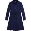 Polo Dress Solid Color Logo Embroidery Single-Breasted Long Sleeve Kids Dresses Blue 313951066-001