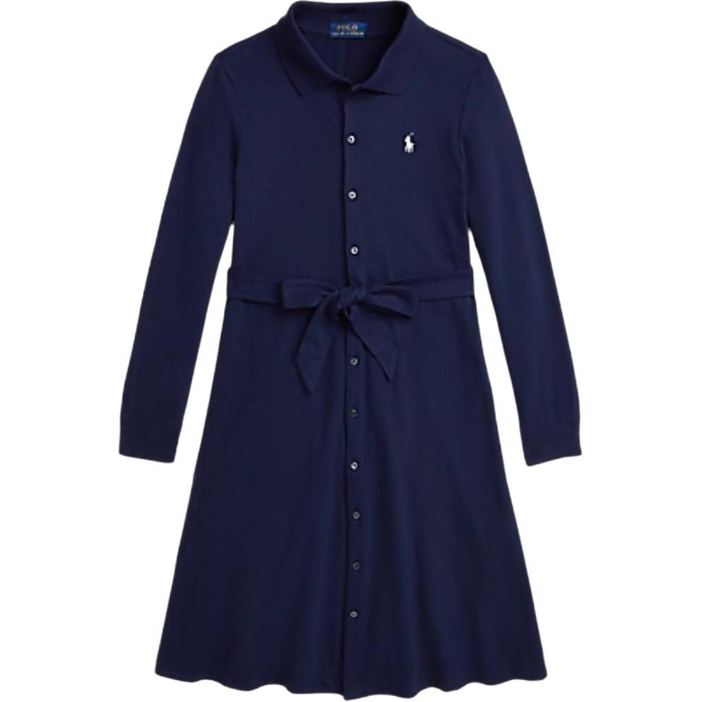 Платье Polo Ralph Lauren Однотонное Вышивка логотипа Однобортное Длинный рукав Детские платья Синий 313951066-001