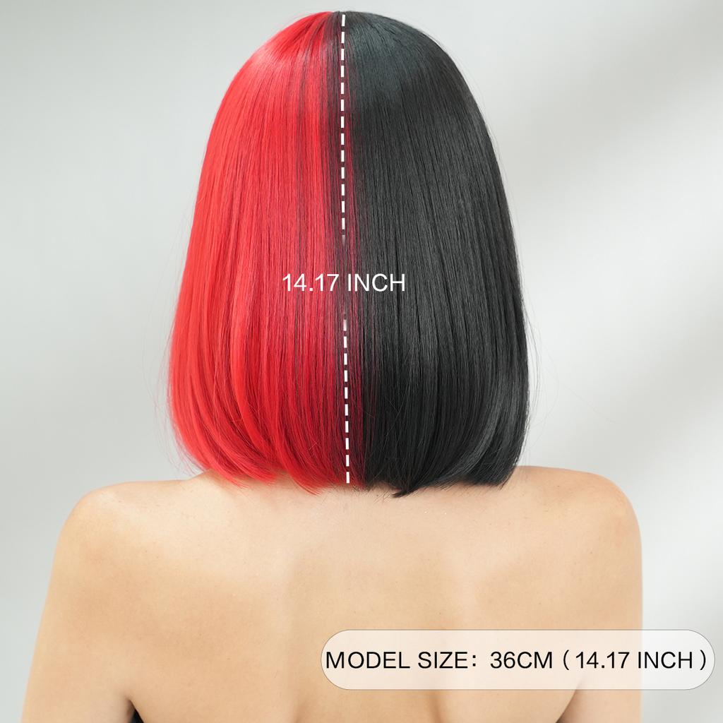Half Black Half Red Bob Wig for Women - Full Bangs Short Straight Hair, Halloween Party Cosplay Street Style Two-Tone Full Cap Wig