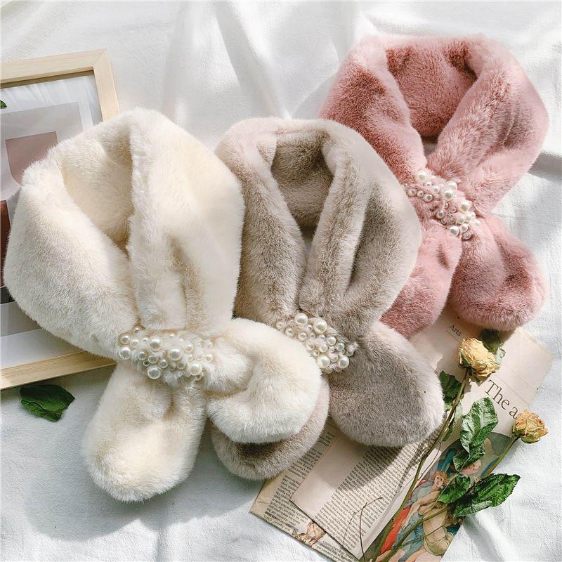 Women Winter Net Red Thicken Solid Color Faux Rabbit Fur Plush Cross Collar Scarf Shawl