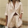 Casual Shorts Sets Cotton Two Pieces Cozy Lapel Lantern Sleeve Shirt Summer Outfit Elastic Waist Shorts Suits