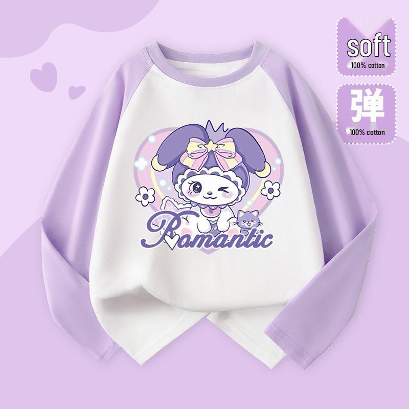 2025 Милая мультяшная футболка с длинным рукавом реглан в цветной блок для девочек