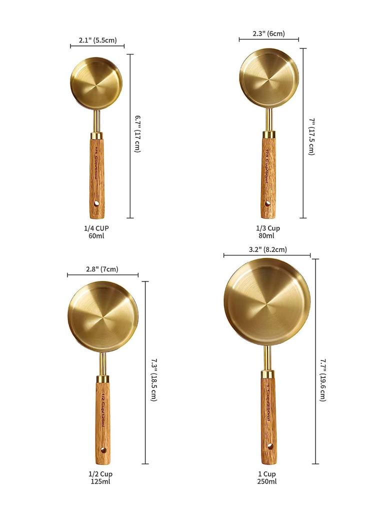 Leeseph 8 Piece Coffee Gold Measuring Cups Set and Measuring Spoons, Wood Handle Measuring Cups, Coffee Spoon Measuring Tools