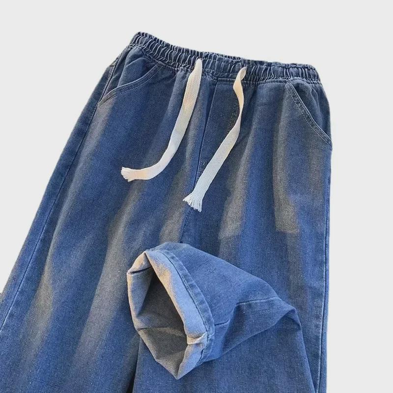 Men's Casual Elastic Waist Straight-Leg Drawstring Jeans - Large Size, Loose Fit
