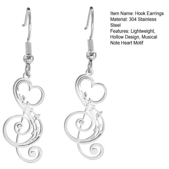 1 пара женских сережек из нержавеющей стали 304, легкий полый дизайн, серьги-крючки в форме музыкальной ноты и сердца, ювелирный подарок
