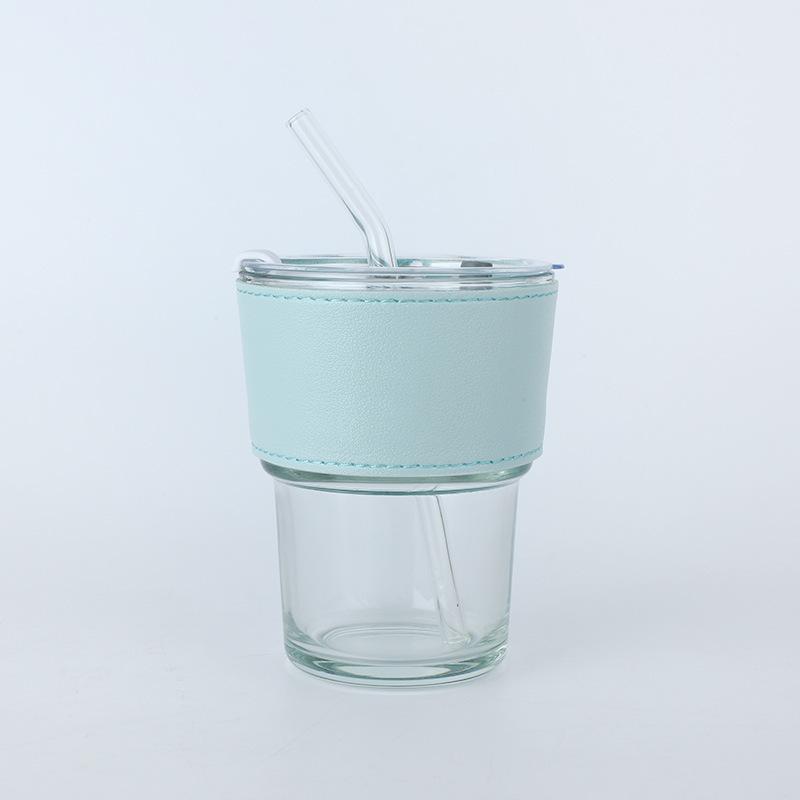 Vertical Pattern Bamboo Cup Glass Transparent Household Striped Water Cup Office Straw Cup with Lid Ins Style Coffee Cup