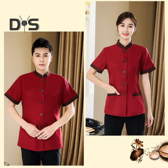 Униформа для ведения домашнего хозяйства в отеле, женская облегающая верхняя одежда с воротником-стойкой и короткими рукавами, однобортные карманы, рабочая униформа, топы